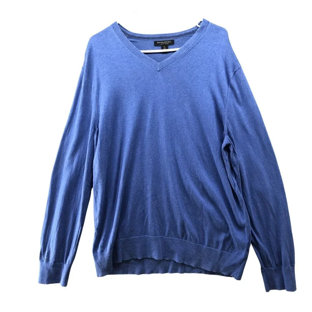 Banana Republic Luxury Blend Sweater Mens XL‎ Silk Cashmere Cotton Blue V-Neck